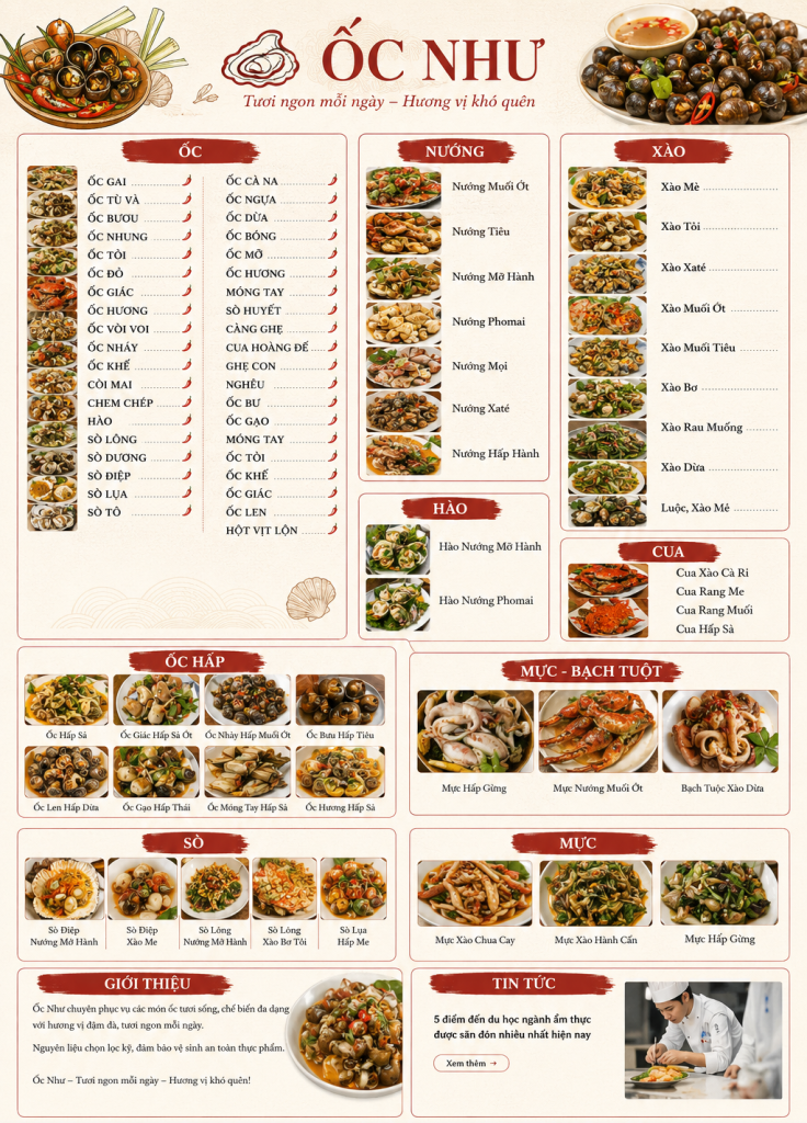 Menu ốc như